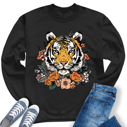 Women's Cute  Tiger Face Flower Crewneck Sweatshirt