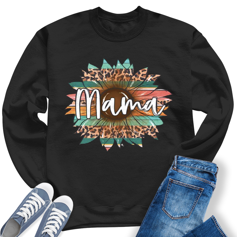 Mama Serape Leopard Print Sunflower Graphic Women's Crewneck Sweatshirt