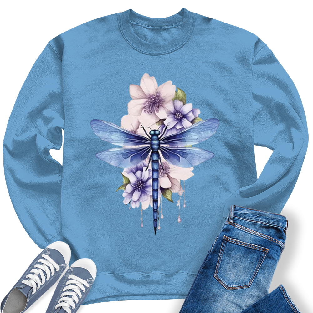 Women's Casual Summer Dragonfly Watercolor Printed Crewneck Sweatshirt