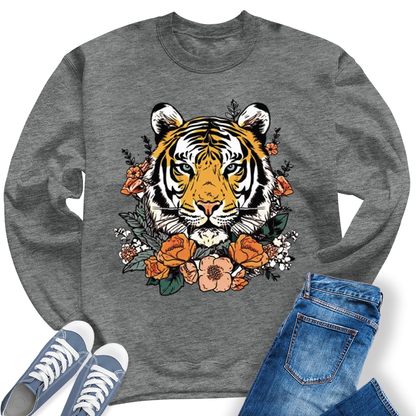 Women's Cute  Tiger Face Flower Crewneck Sweatshirt