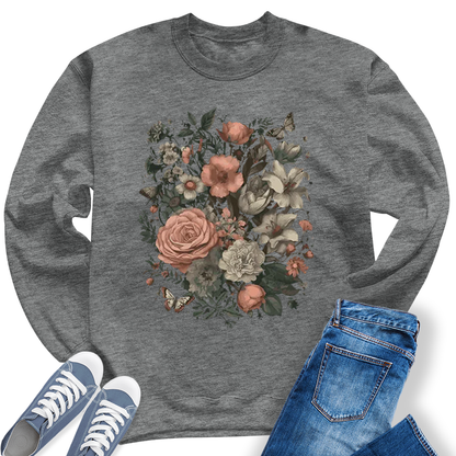 Womens Trendy Old Roses Floral Wildflower Crewneck Sweatshirt