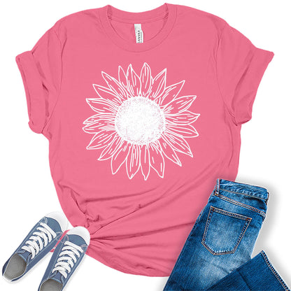 Women's Vintage Short Sleeve Cute Sunflower Graphic Printed Tee Summer T Shirt Cotton Tops Novelty Shirts