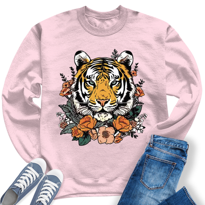 Women's Cute  Tiger Face Flower Crewneck Sweatshirt