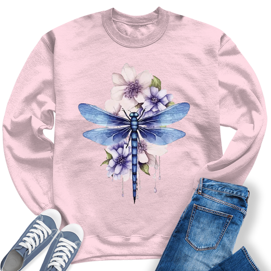 Women's Casual Summer Dragonfly Watercolor Printed Crewneck Sweatshirt