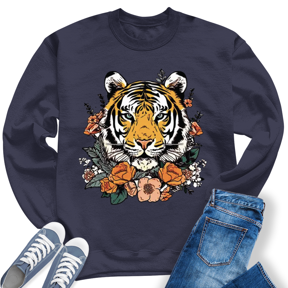 Women's Cute  Tiger Face Flower Crewneck Sweatshirt