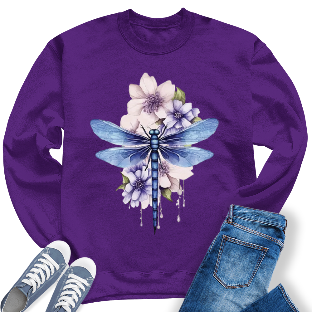 Women's Casual Summer Dragonfly Watercolor Printed Crewneck Sweatshirt