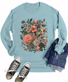Womens Floral Trendy Wildflower Butterfly Fall Long Sleeve T-Shirt