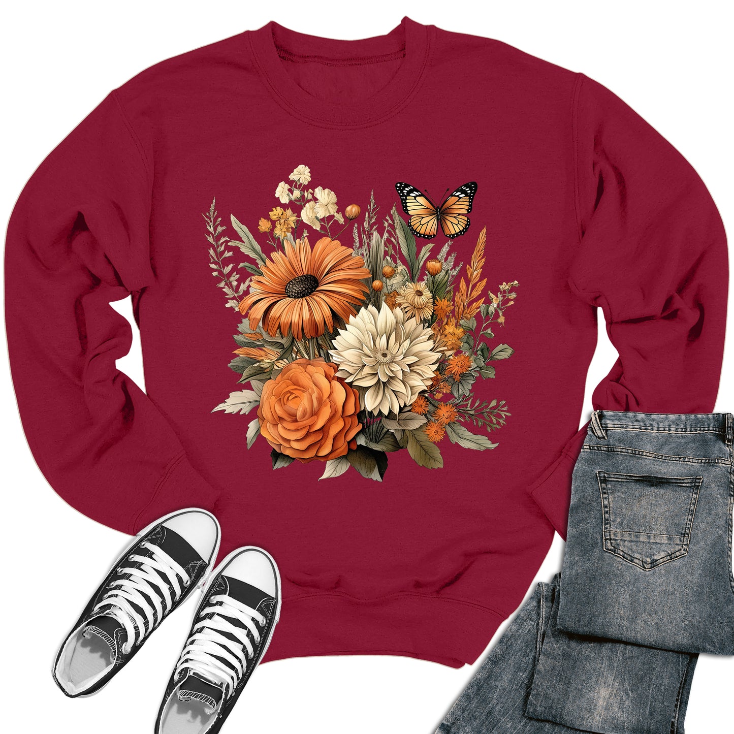 Butterfly Autumn Flower Crewneck Sweatshirt