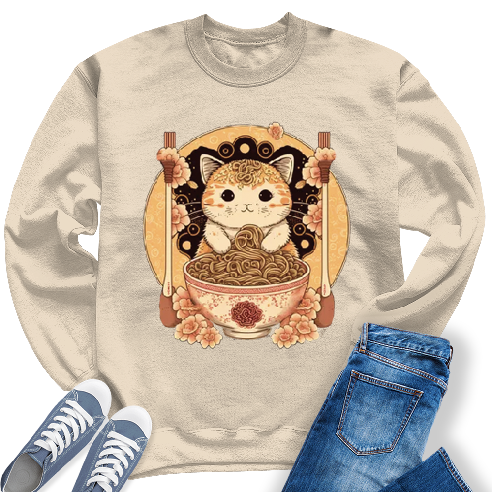 Ramen Cat Kawaii Anime Shirts Japanese Neko Women's Crewneck Sweatshirt