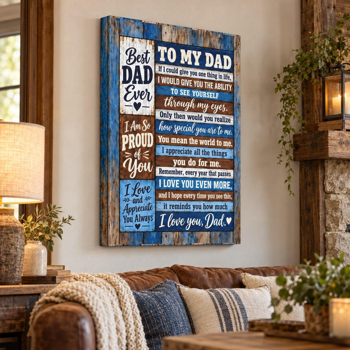 To My Dad canvas wall art in a cozy room, wrapped wood plank sides