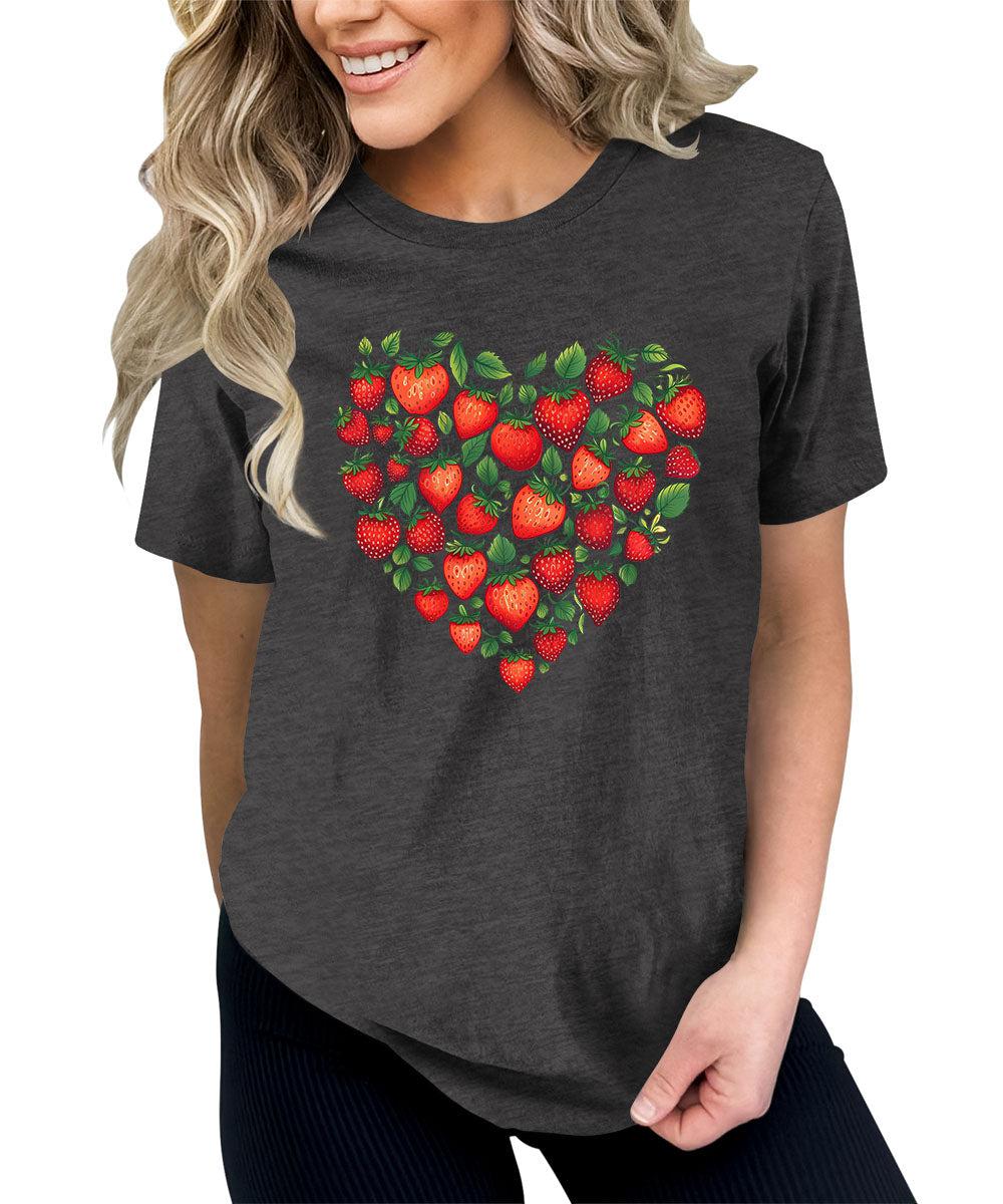 Trendy Strawberry Heart Graphic Tees For Women