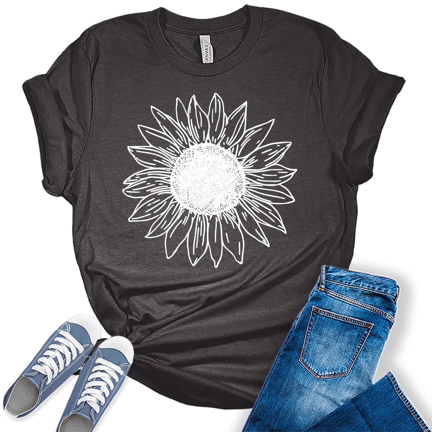 Women's Vintage Short Sleeve Cute Sunflower Graphic Printed Tee Summer T Shirt Cotton Tops Novelty Shirts