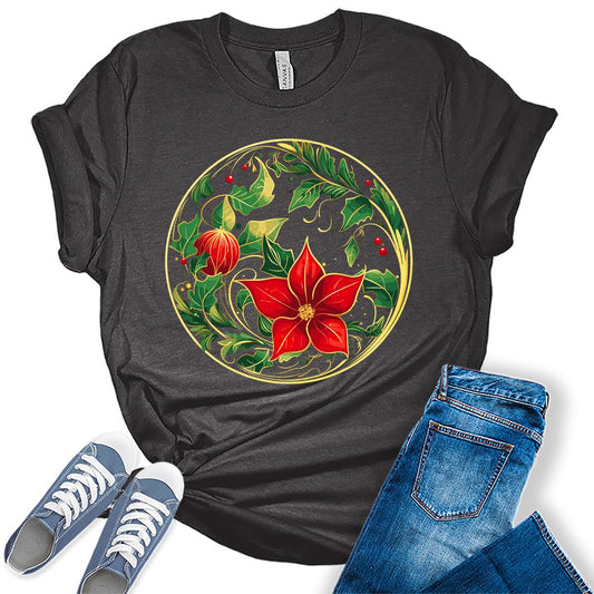 Christmas Shirts for Women Poinsettia Circle Floral Holiday Graphic Tees