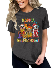 Happy HalloThanksMas Funny Halloween Thanksgiving Christmas T-shirt