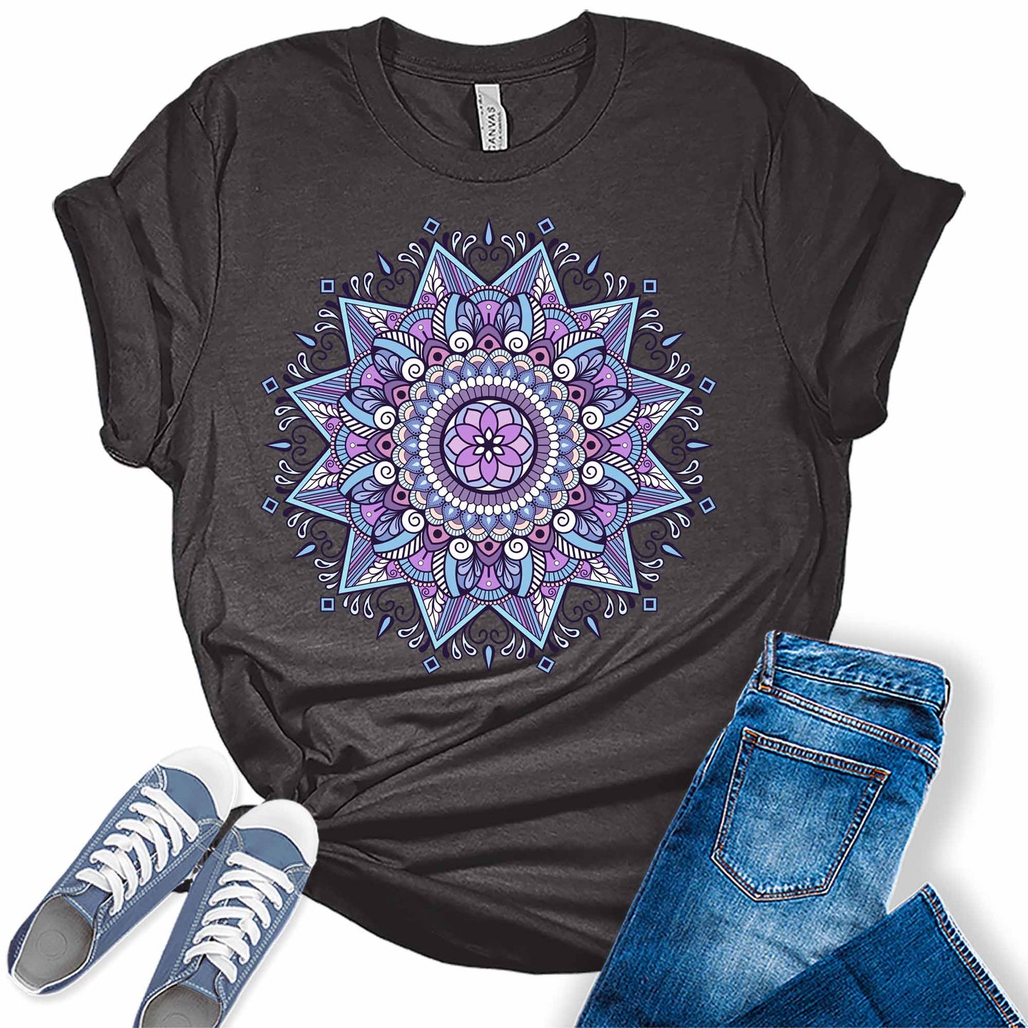 Purple Mandala Shirt Casual Vintage Graphic Tees for Women Short Sleeve Plus Size Summer Tops