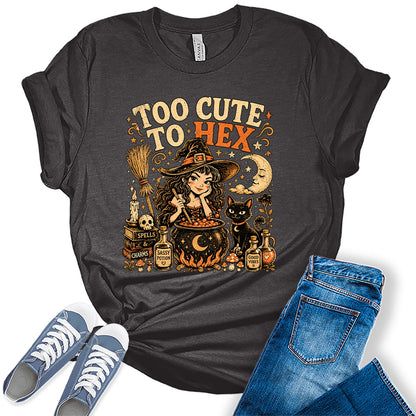 Women's Halloween Shirt Funny Witch Graphic Tees Too Cute To Hex Short Sleeve Bella Fall Tops