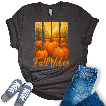 Fall Vibes Pumpkin Graphic T-Shirt for Women Vintage Thanksgiving Tees Casual Fall Shirt