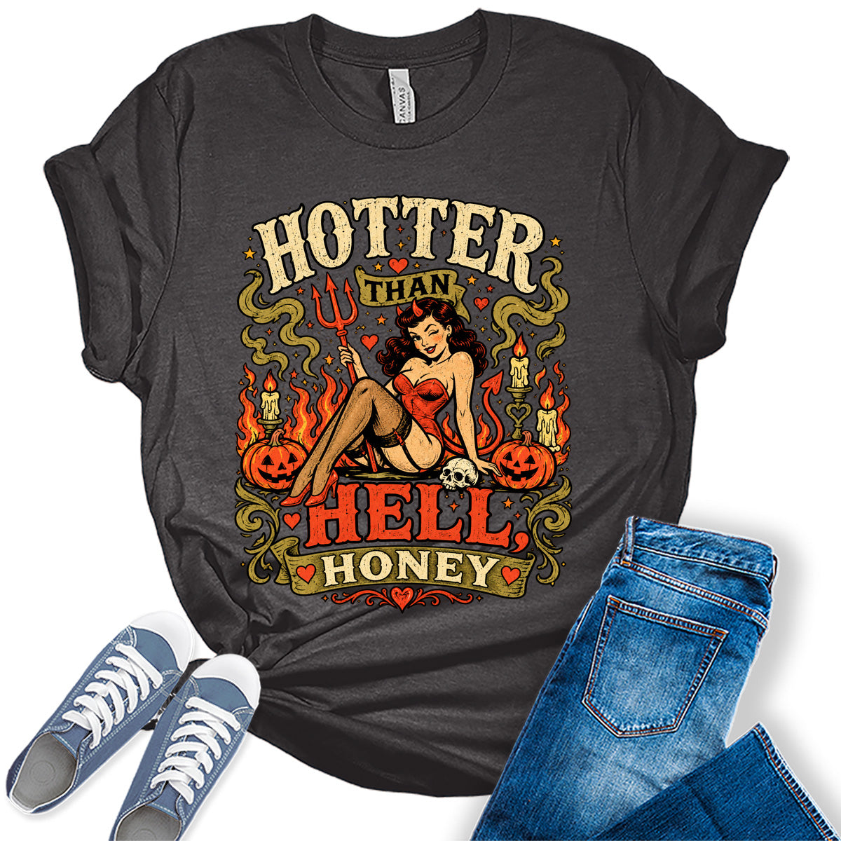 Women's Halloween Shirt Funny Devil Graphic Tees Hotter Than Short Sleeve Bella Fall Tops