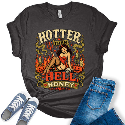 Women's Halloween Shirt Funny Devil Graphic Tees Hotter Than Short Sleeve Bella Fall Tops