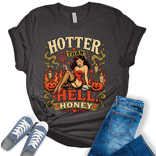 Women's Halloween Shirt Funny Devil Graphic Tees Hotter Than Short Sleeve Bella Fall Tops