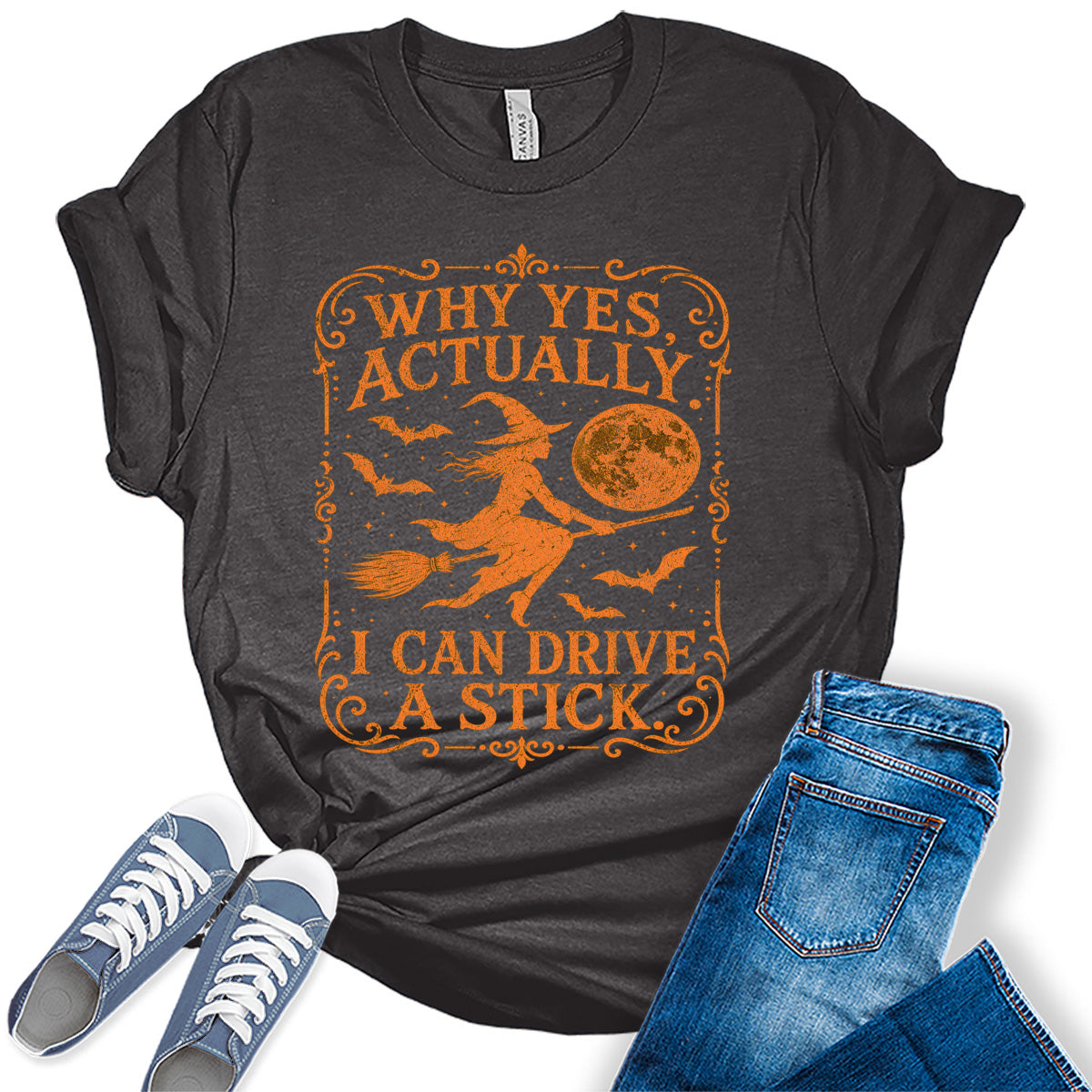 Women's Halloween Shirt Witch Graphic Tees Funny Witch Drive A Stick Sarcastic Short Sleeve Bella Tops