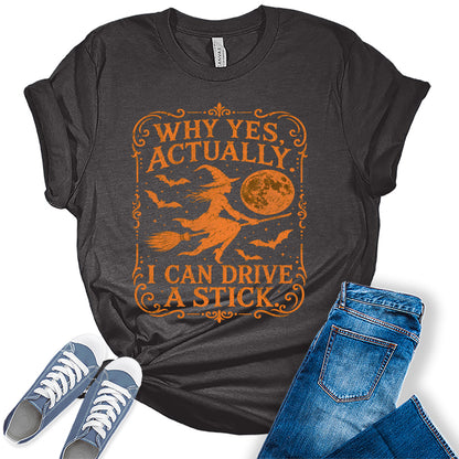 Women's Halloween Shirt Witch Graphic Tees Funny Witch Drive A Stick Sarcastic Short Sleeve Bella Tops