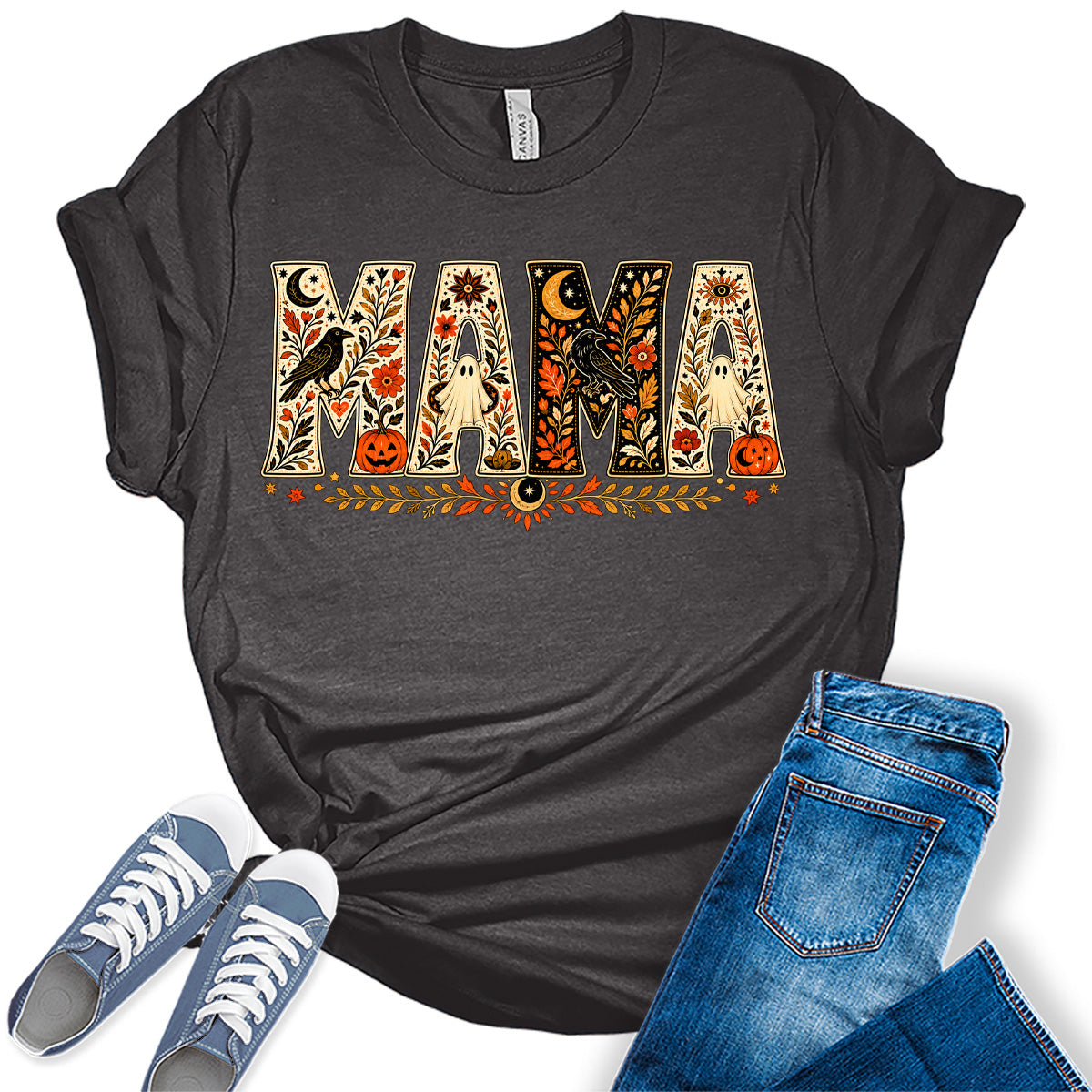 Women's Halloween Mama Shirt Vintage Fall Graphic Tees Short Sleeve Bella Autumn Tops
