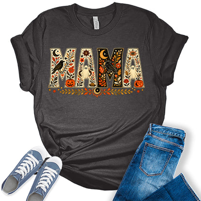 Women's Halloween Mama Shirt Vintage Fall Graphic Tees Short Sleeve Bella Autumn Tops