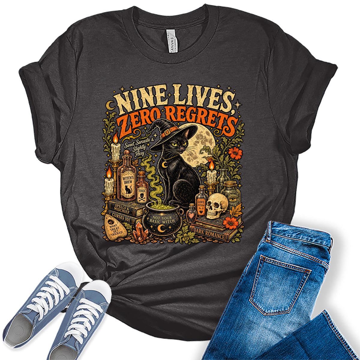Women's Halloween Shirt Fall Black Cat Graphic Tees Zero Regrets Short Sleeve Bella Tops