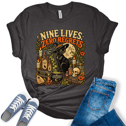 Women's Halloween Shirt Fall Black Cat Graphic Tees Zero Regrets Short Sleeve Bella Tops