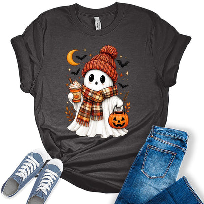 Women's Halloween Shirt Ghost Graphic Tees Short Sleeve Bella Fall Tops