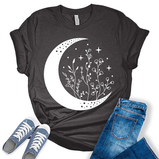 Mandala Crescent Moon Flowers Graphic Tees for Women