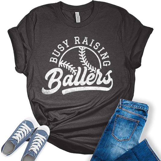 Busy Raising Ballers T Shirt Baseball Mom Shirt Womens Letter Print Graphic Tee