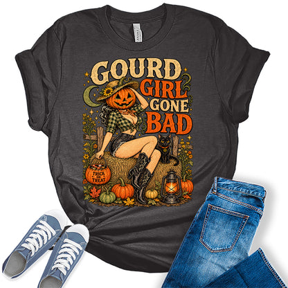 Women's Halloween Shirt Fall Pumpkin Scarecrow Graphic Tees Gourd Girl Short Sleeve Bella Tops