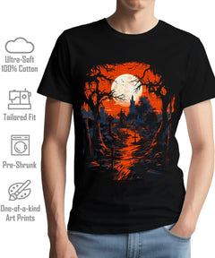 Haunted Graveyard Halloween Mens Graphic Tee Premium Short Sleeve Shirt