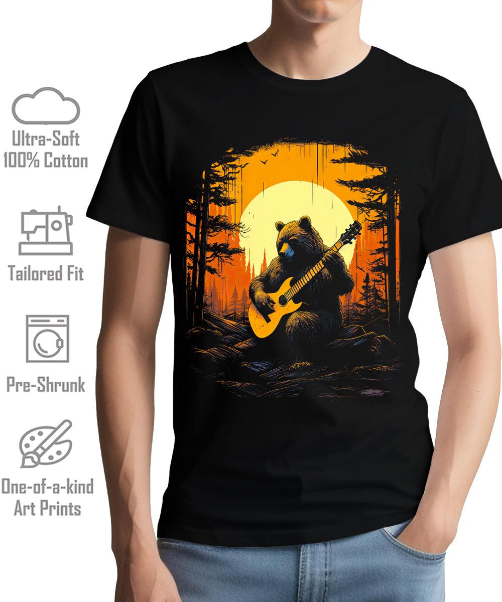 Bear Guitar Forest Sunset Mens Graphic Tee Premium Short Sleeve Shirt