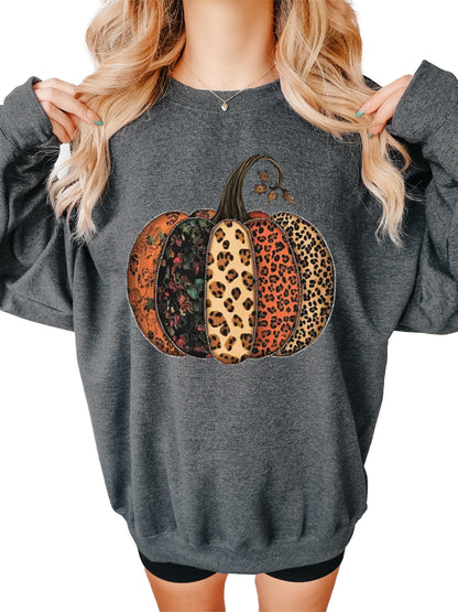 Women's Fall Leopard Print Pumpkin Thanksgiving Crewneck Sweatshirt