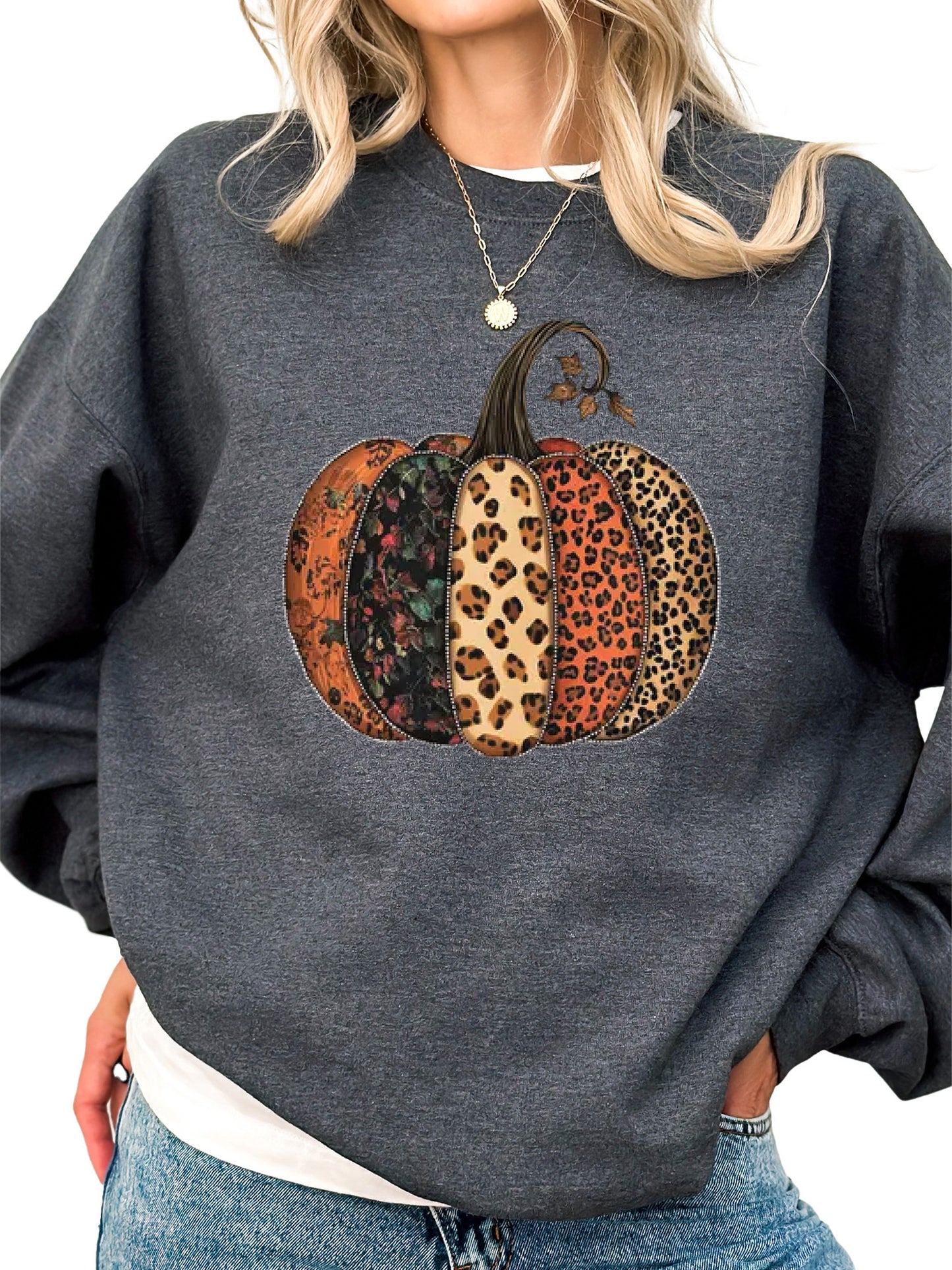 Women's Fall Leopard Print Pumpkin Thanksgiving Crewneck Sweatshirt