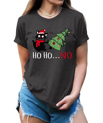 Funny Cat Tshirts Ho Ho No Christmas Shirts for Women Holiday Graphic Tees