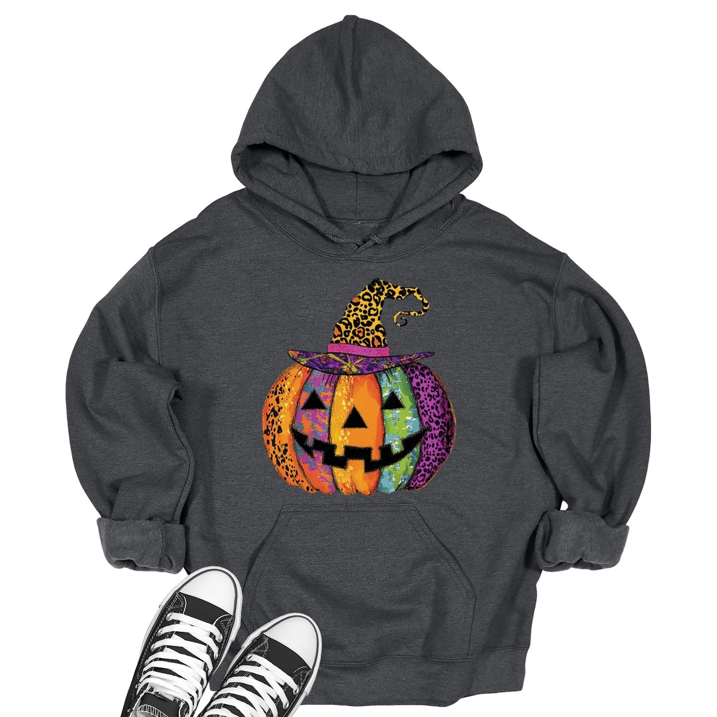 Women's Halloween Jack-O-Lantern Leopard Print Witch Hat Pumpkin Hoodie