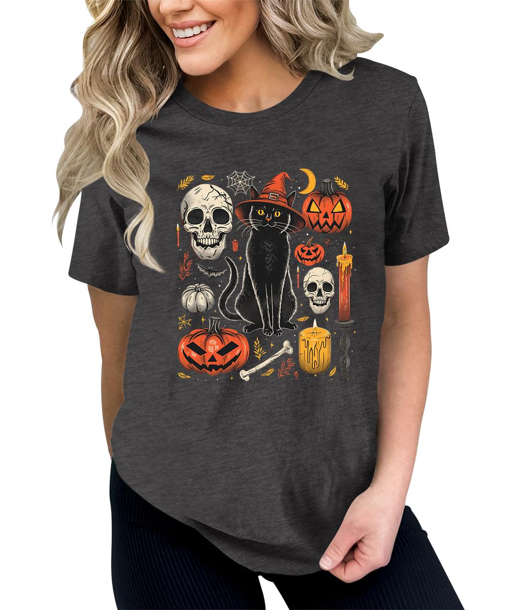 Scary Halloween Witch Cat Pumpkin Graphic Tees For Women