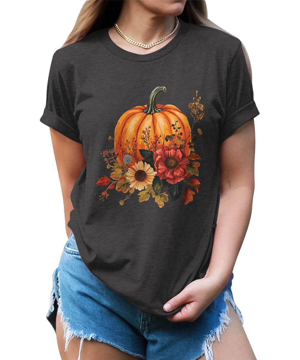 Trendy Fall Pumpkin Flower Graphic Tees For Women