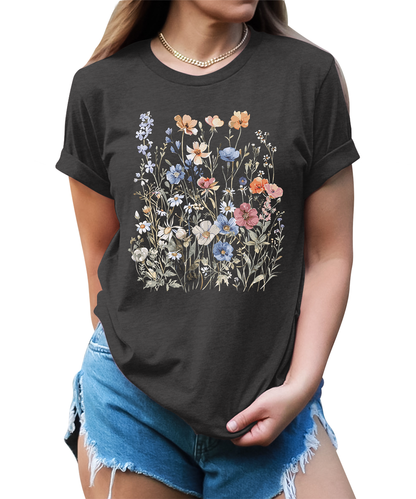 Women's Vintage Floral T Shirt Boho Wildflower Graphic Short Sleeve Tops