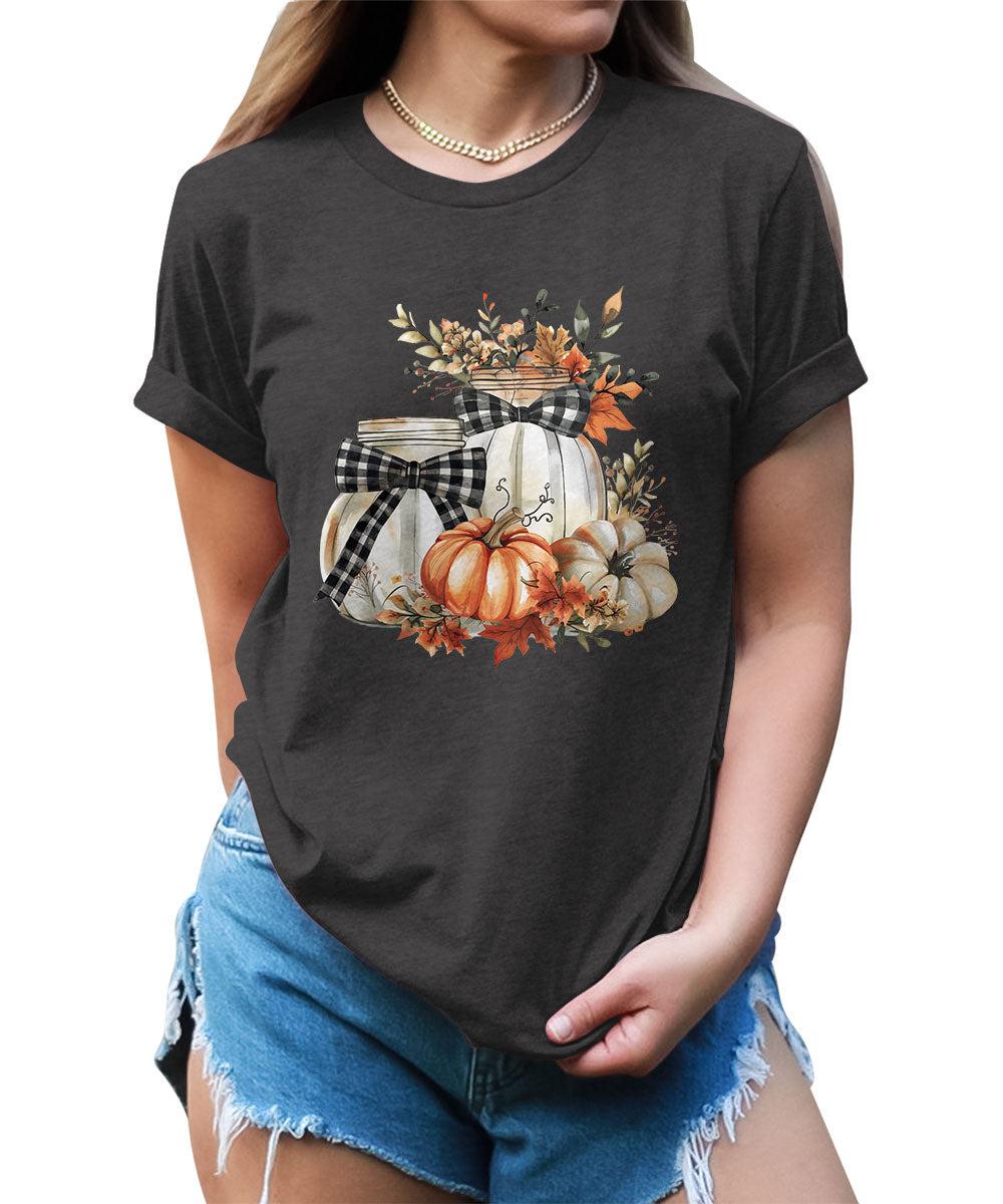 Women's Fall Pumpkin Shirt Floral Plaid Halloween Graphic Tees Plus Size Tops