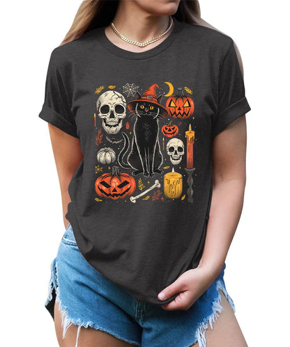 Scary Halloween Witch Cat Pumpkin Graphic Tees For Women