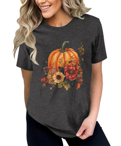 Trendy Fall Pumpkin Flower Graphic Tees For Women