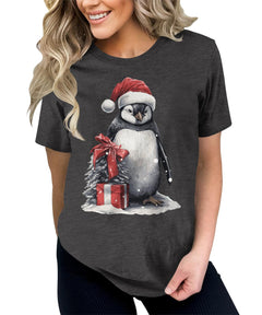 Christmas Penguin Santa Hat Shirts For Women's Graphic Tee