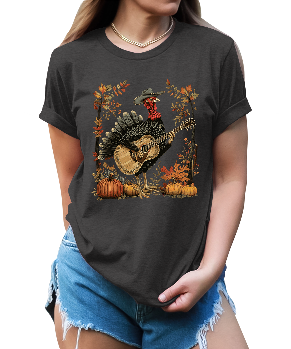 Turkey Playing Guitar Shirt Women Thanksgiving Graphic Tees