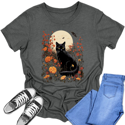 Girl's Short Sleeve Graphic Tees Cute Black Cat Moon Shirt Back To School Fall Tops