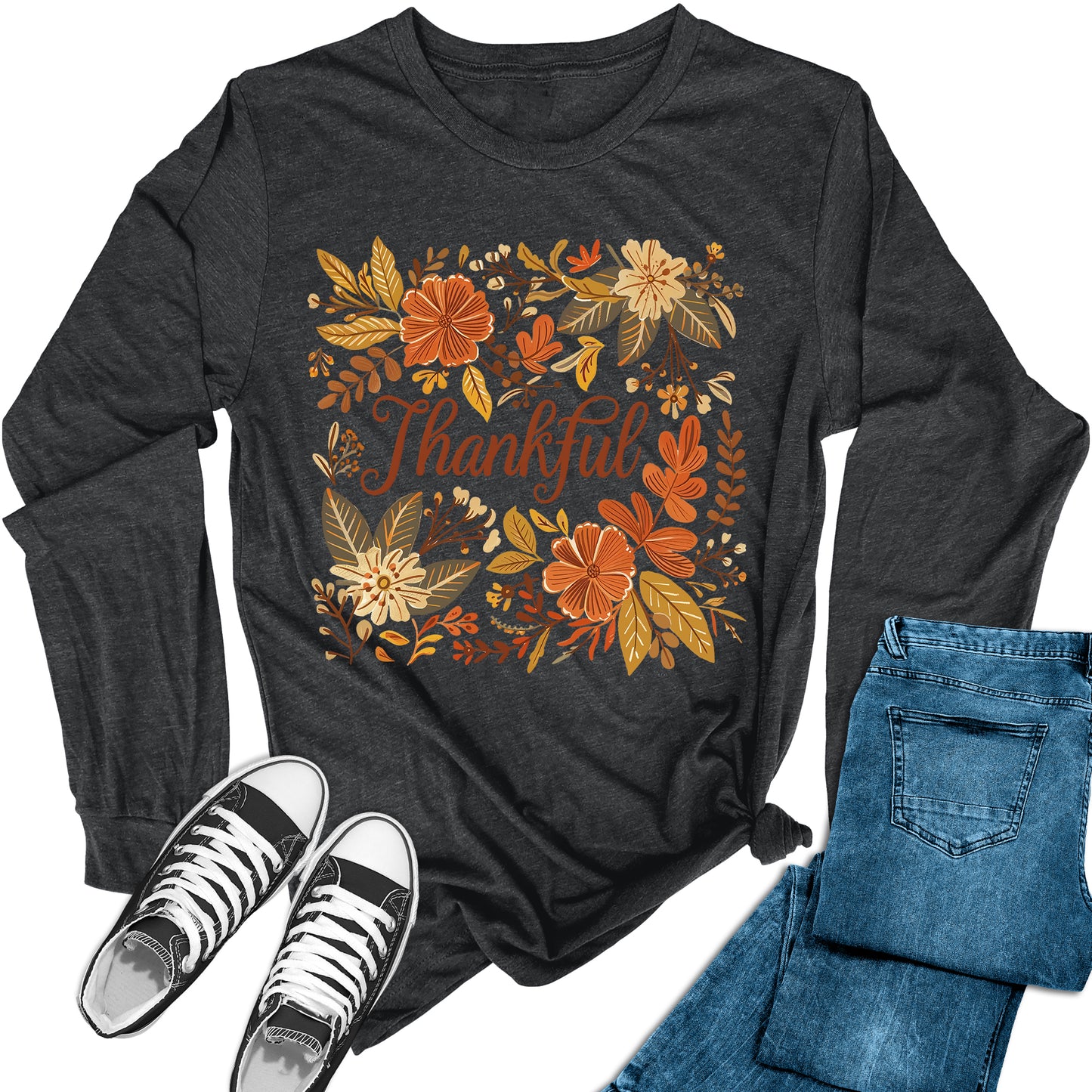 Women's Thankful Autumn Fall Long Sleeve Graphic Tees